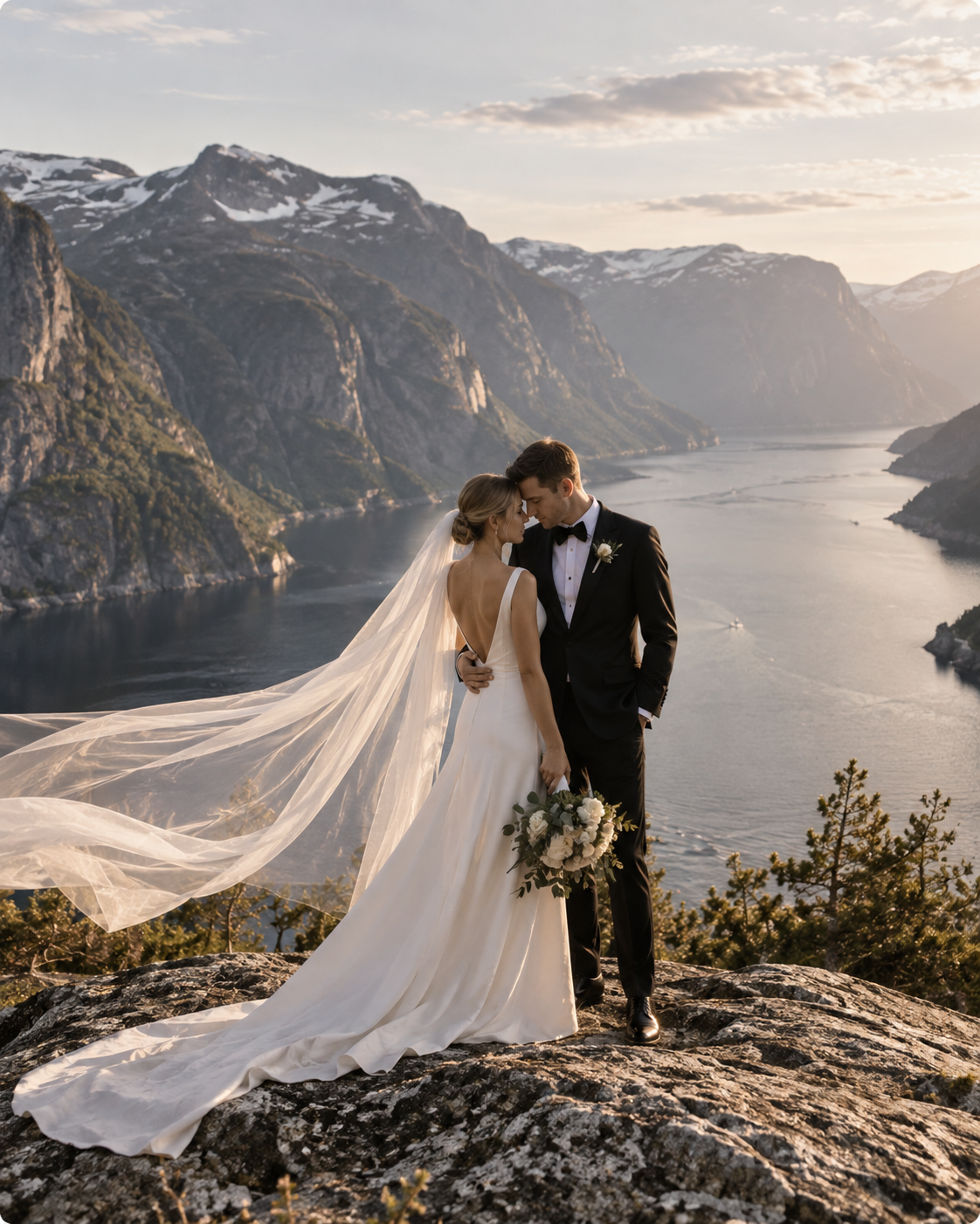 Brudepar ved en fjord i Norge på bryllupsdagen
