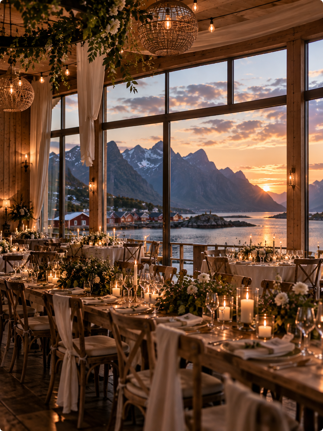 Bryllupslokale i Lofoten ved havet med fjell i bakgrunnen