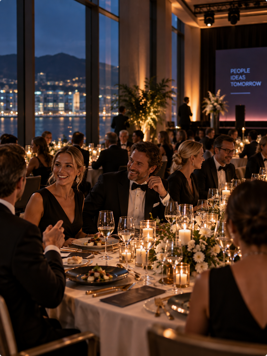Elegant bedriftsmiddag med gjester i selskapsantrekk