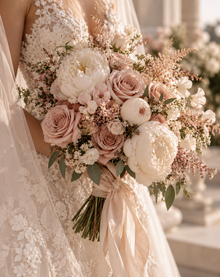 Blomsterdetalj: duse pasteller i blush og hvitt