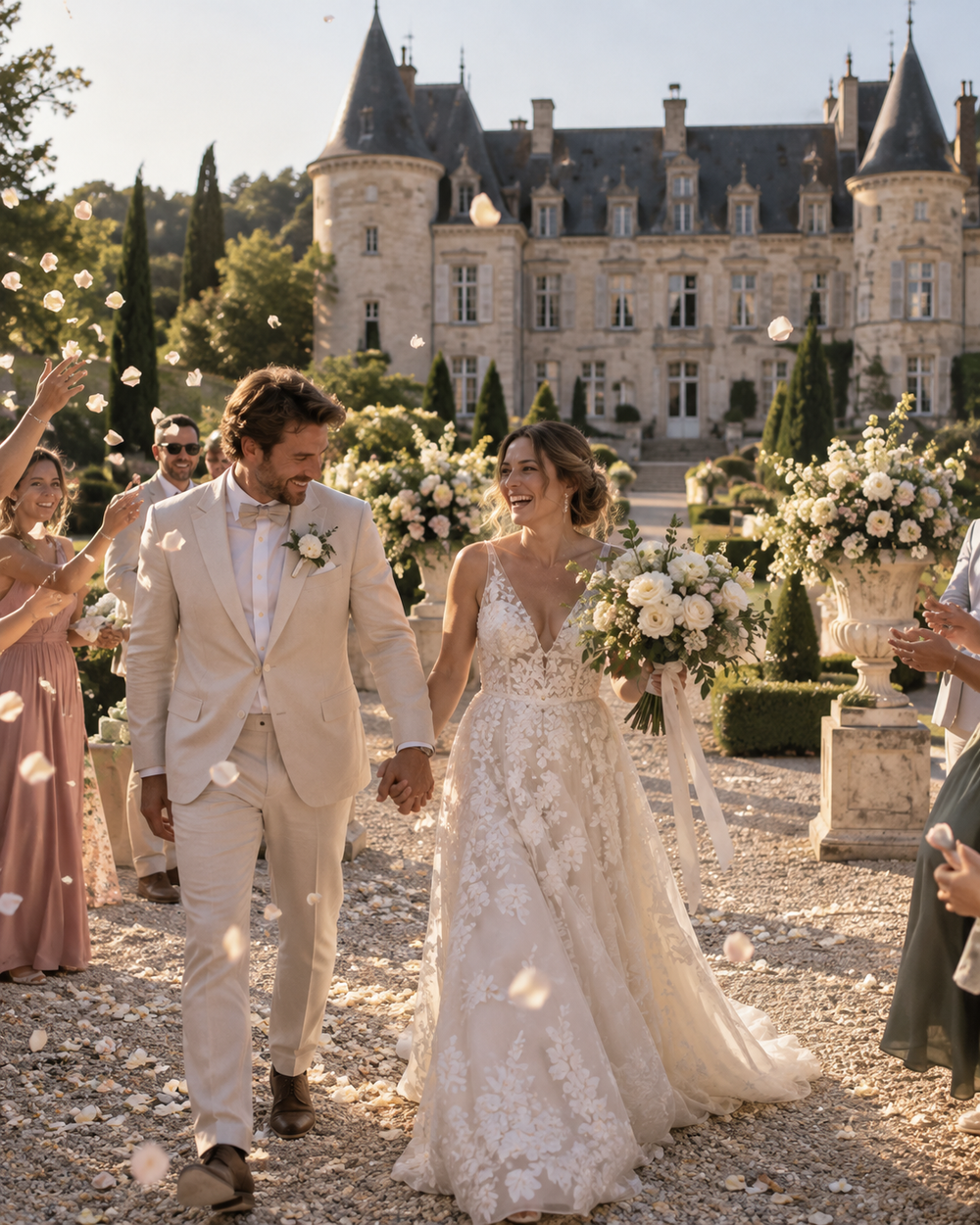 Bryllup i Frankrike, brudepar foran slott