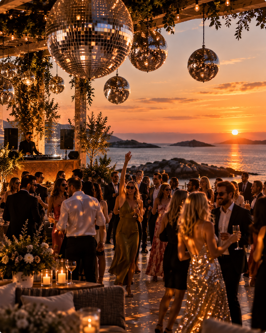 Gjester og diskokuler i solnedgang ved havet på en eventfest