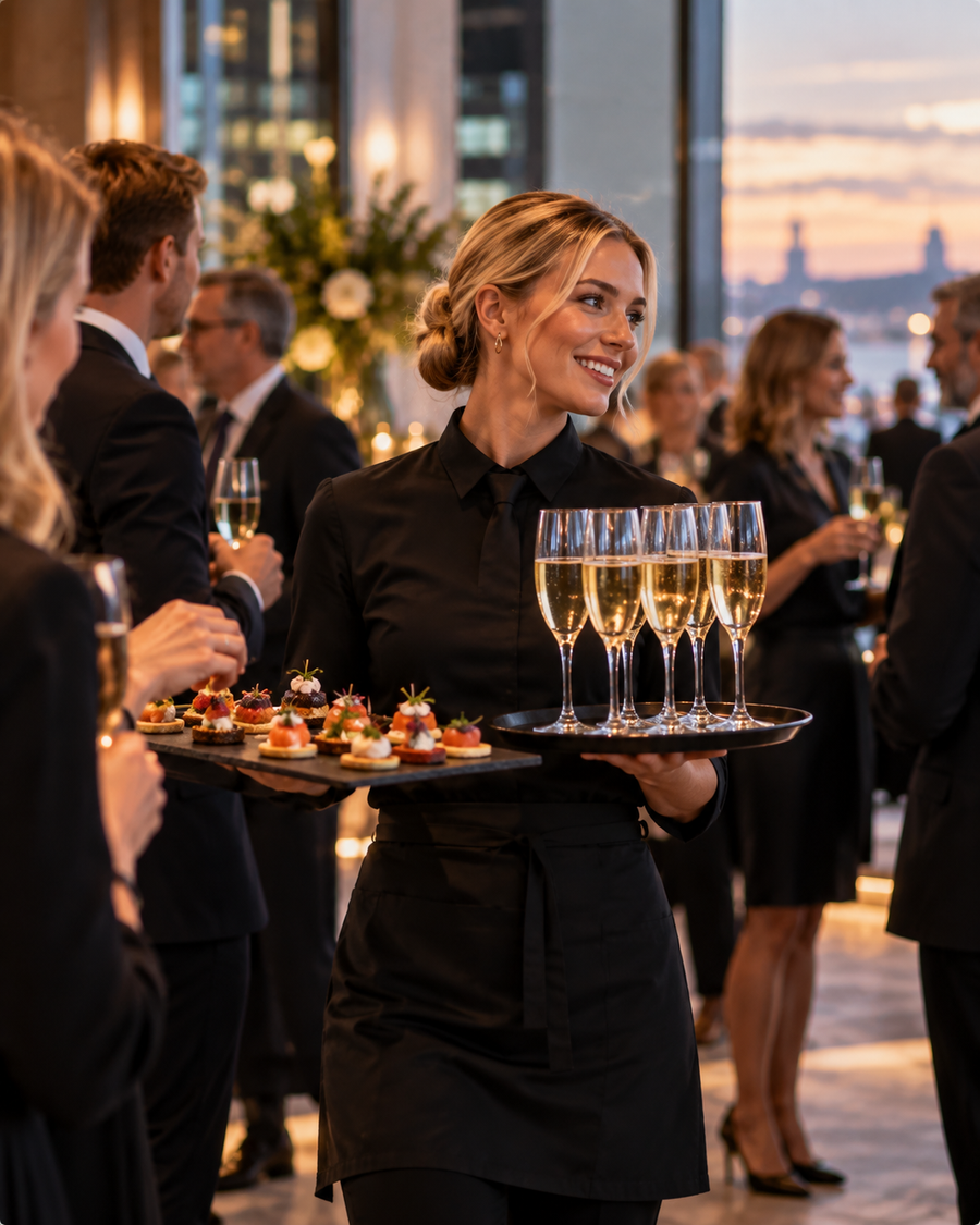 Servitør med canapéer og champagne på et bedriftsarrangement