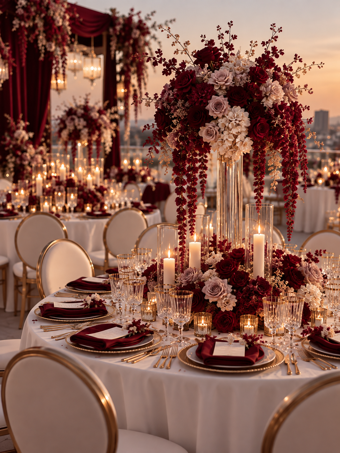 Blomsterinstallasjon i burgunder og terrakotta